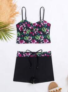 花卉印花綁帶坦克泳衣 - 彩色 - 查看 3