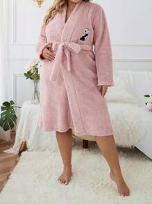 Plus Cartoon Embroidery Belted Teddy Robe