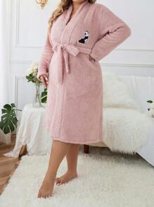 Plus Cartoon Embroidery Belted Teddy Robe