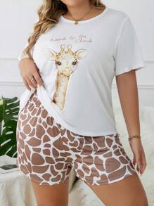 Plus Giraffe & Slogan Graphic Tee & Shorts PJ Set / Pajama Set - Multicolor - View 1