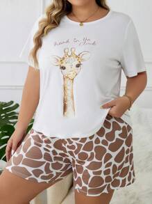 Plus Giraffe & Slogan Graphic Tee & Shorts PJ Set / Pajama Set - Multicolor - View 4