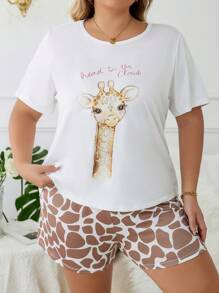 Plus Giraffe & Slogan Graphic Tee & Shorts PJ Set / Pajama Set - Multicolor - View 5