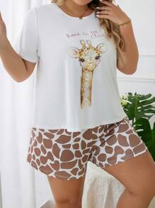 Plus Giraffe & Slogan Graphic Tee & Shorts PJ Set / Pajama Set - Multicolor - View 6