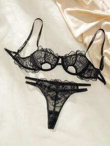 成熟魅力-簡約挖空 透膚純色女士性感內衣 - 黑色 - 查看 3