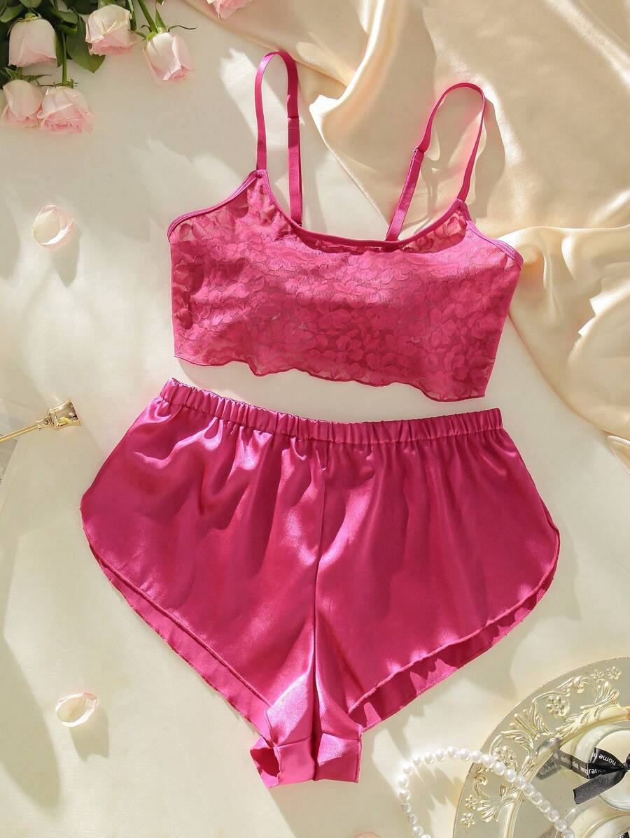Conjunto de lencería de sujetador y pantis sexy con encaje en contraste - Rosa Fucsia - Ver 1