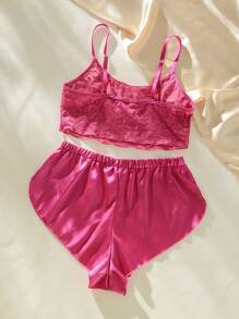 Conjunto de lencería de sujetador y pantis sexy con encaje en contraste - Rosa Fucsia - Ver 2