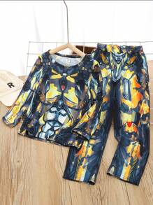 SHEIN 男小童圖案印花T恤和褲子 - 彩色 - 查看 1