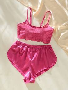 Conjunto de lencería de sujetador y pantis sexy con encaje en contraste - Rosa Fucsia - Ver 3