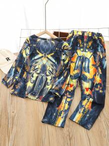 SHEIN 男小童圖案印花T恤和褲子 - 彩色 - 查看 2