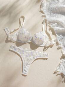 Set de lencería con bordado floral de malla con aro - Blanco - Ver 4