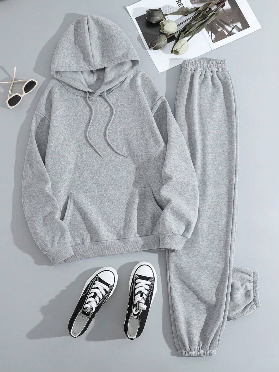 INAWLY Kangaroo Pocket Drawstring Thermal Hoodie & Sweatpants - Grey - View 1