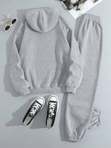 INAWLY Kangaroo Pocket Drawstring Thermal Hoodie & Sweatpants - Grey - View 2