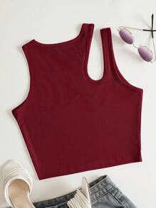 INAWLY Solid Cut Out Shoulder Ribbed Knit Tank Top For Summer - Burgundy - View 2