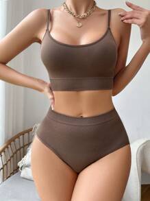 Solid Wireless Bra & Panty Set - Coffee Brown - View 4