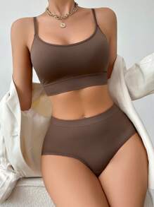 Solid Wireless Bra & Panty Set - Coffee Brown - View 5