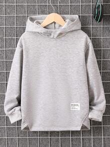 SHEIN Áo nỉ dài tay có mũ trùm đầu thường ngày viền bất đối xứng màu xám cho bé trai tuổi teen - Xám - Xem 1