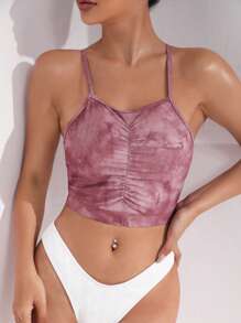 SHEIN Swim 扎染前褶皱比基尼上衣 夏季 - 粉色 - 查看 1