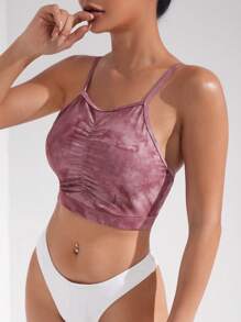 SHEIN Swim 扎染前褶皱比基尼上衣 夏季 - 粉色 - 查看 3