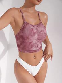 SHEIN Swim 扎染前褶皱比基尼上衣 夏季 - 粉色 - 查看 5