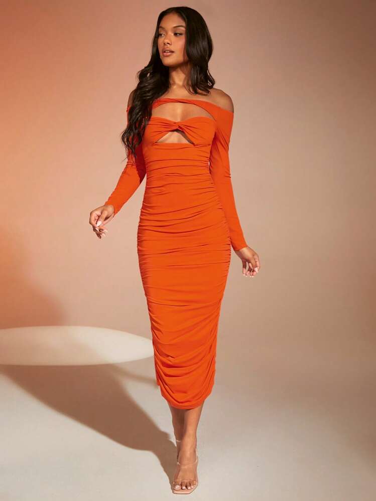 orange ribbed long sleeve bardot ruched bodycon dress AX Paris Square Neck Long Sleeve Ruched Bodycon Mesh Midi