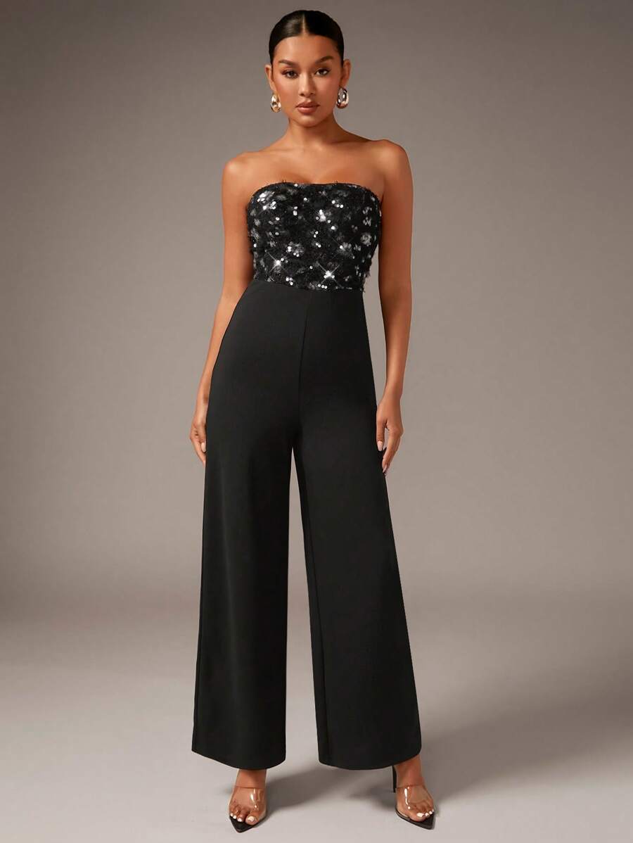 SHEIN BAE Glitter Patchwork Strapless Wide Leg Jumpsuit - Black - View 1