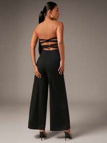 SHEIN BAE Glitter Patchwork Strapless Wide Leg Jumpsuit - Black - View 2