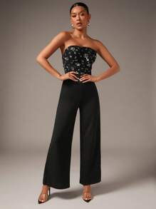 SHEIN BAE Glitter Patchwork Strapless Wide Leg Jumpsuit - Black - View 4