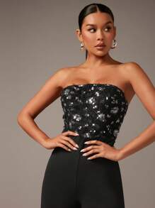 SHEIN BAE Glitter Patchwork Strapless Wide Leg Jumpsuit - Black - View 5