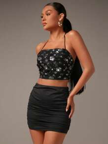 SHEIN BAE Christmas Contrast Sequin Crisscross Backless Cami Top - Black - View 6