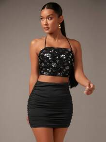 SHEIN BAE Christmas Contrast Sequin Crisscross Backless Cami Top - Black - View 7