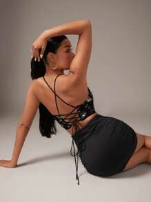 SHEIN BAE Christmas Contrast Sequin Crisscross Backless Cami Top - Black - View 1