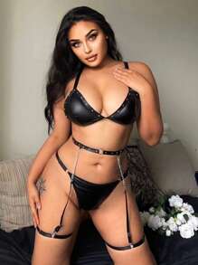 Studded Detail Garter Lingerie Set - Black - View 3