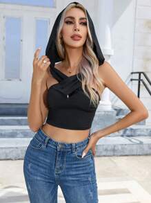 SHEIN Essnce 素色短款連帽上衣 - 黑色 - 查看 1