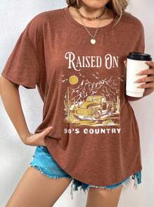 SHEIN EZwear Talla grande Camiseta de hombros caídos con estampado de coche y letra - Óxido marrón - Ver 1