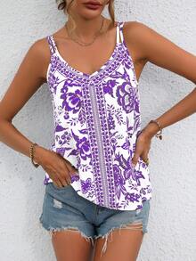 SHEIN VCAY Top de tirantes con estampado floral - Lila Púrpura - Ver 3
