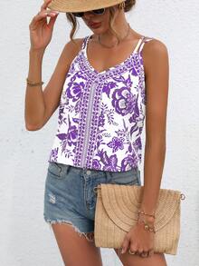 SHEIN VCAY Top de tirantes con estampado floral - Lila Púrpura - Ver 4