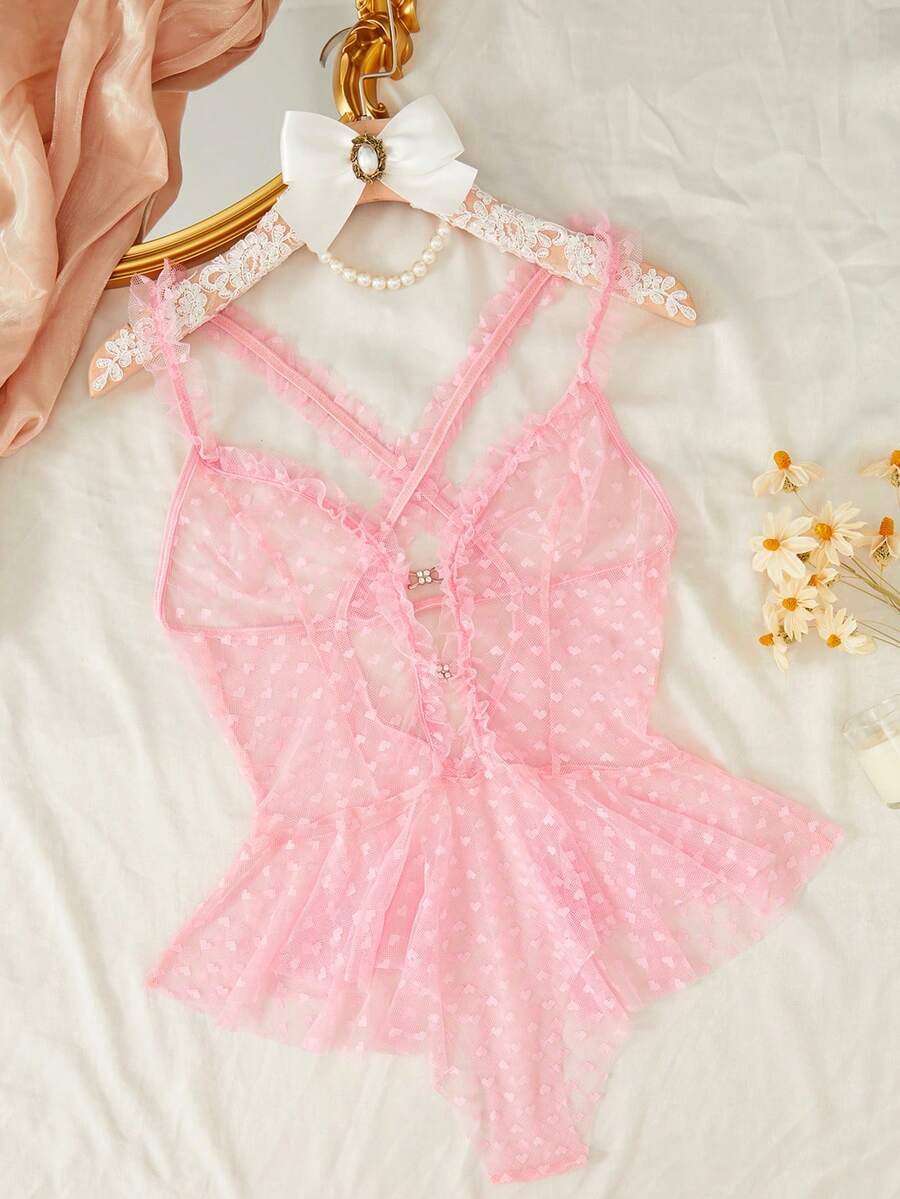 Frill Trim Mesh Teddy Bodysuit - Pink - View 1