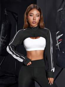 Easithlete 拼接側邊接縫超短版運動夾克不附胸罩 - 黑色 - 查看 3