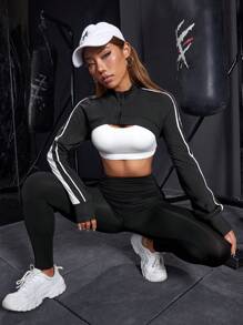 Easithlete 拼接側邊接縫超短版運動夾克不附胸罩 - 黑色 - 查看 5