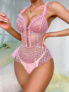 Frill Trim Mesh Teddy Bodysuit - Pink - View 8