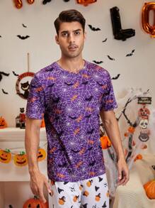 男士萬聖印花睡衣T恤 - 紫色 - 查看 3