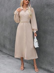 Chiquease Solid Button Front Shirt Dress - Apricot - View 5