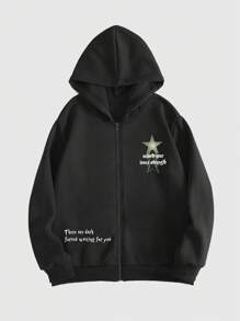 ROMWE MEN Grunge Punk Men Slogan Graphic Zip Up Thermal Lined Hoodie - Black - View 1