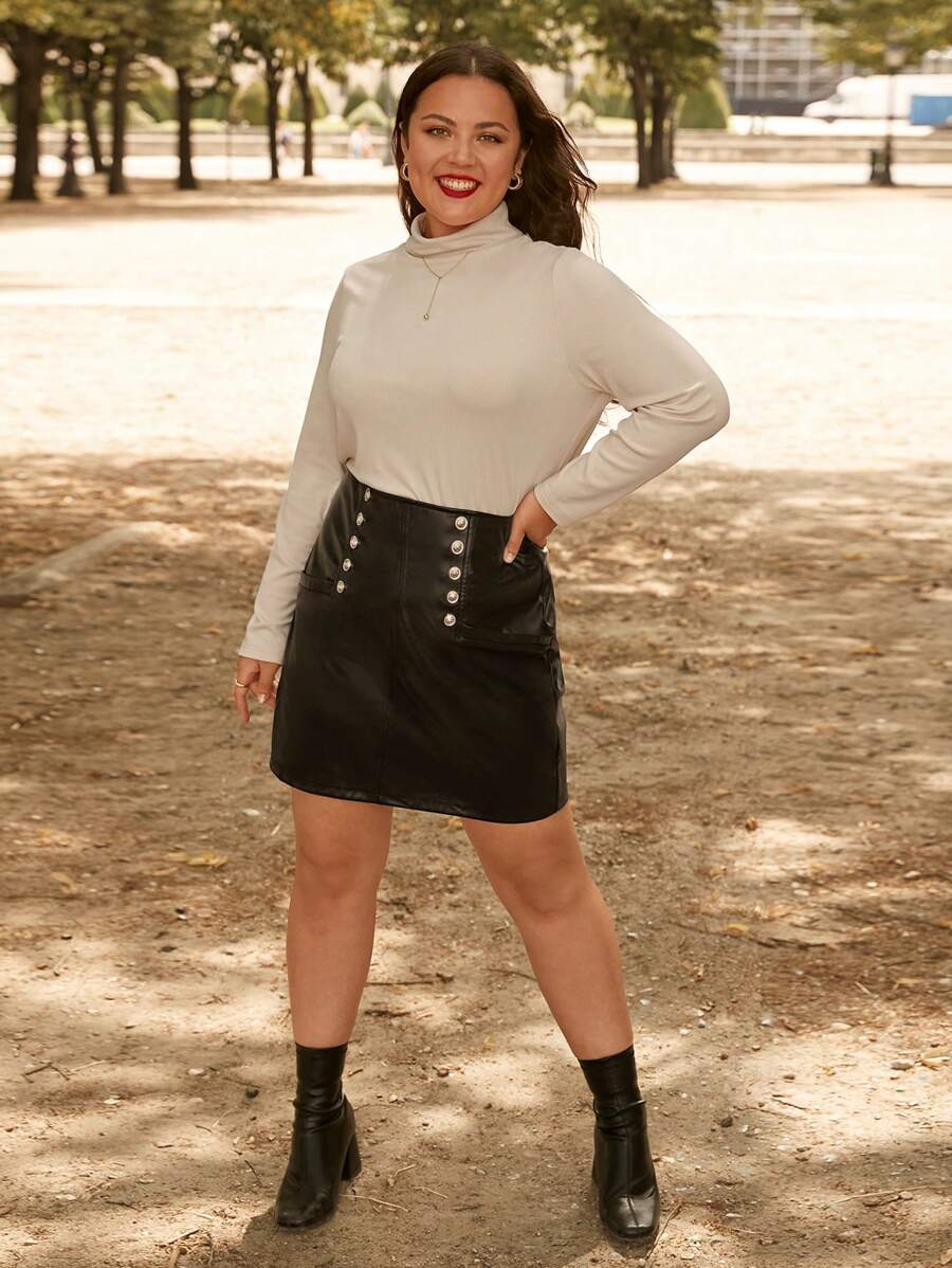 SHEIN Frenchy Hơn Nút đôi chất liệu da PU Váy - màu đen - Xem 1