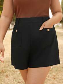 SHEIN Frenchy 大碼素色口袋貼布短褲 - 黑色 - 查看 3