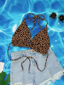 SHEIN Swim Curve 2025 新年派对动物印花加大码性感比基尼上衣夏季 - 棕色 - 查看 4