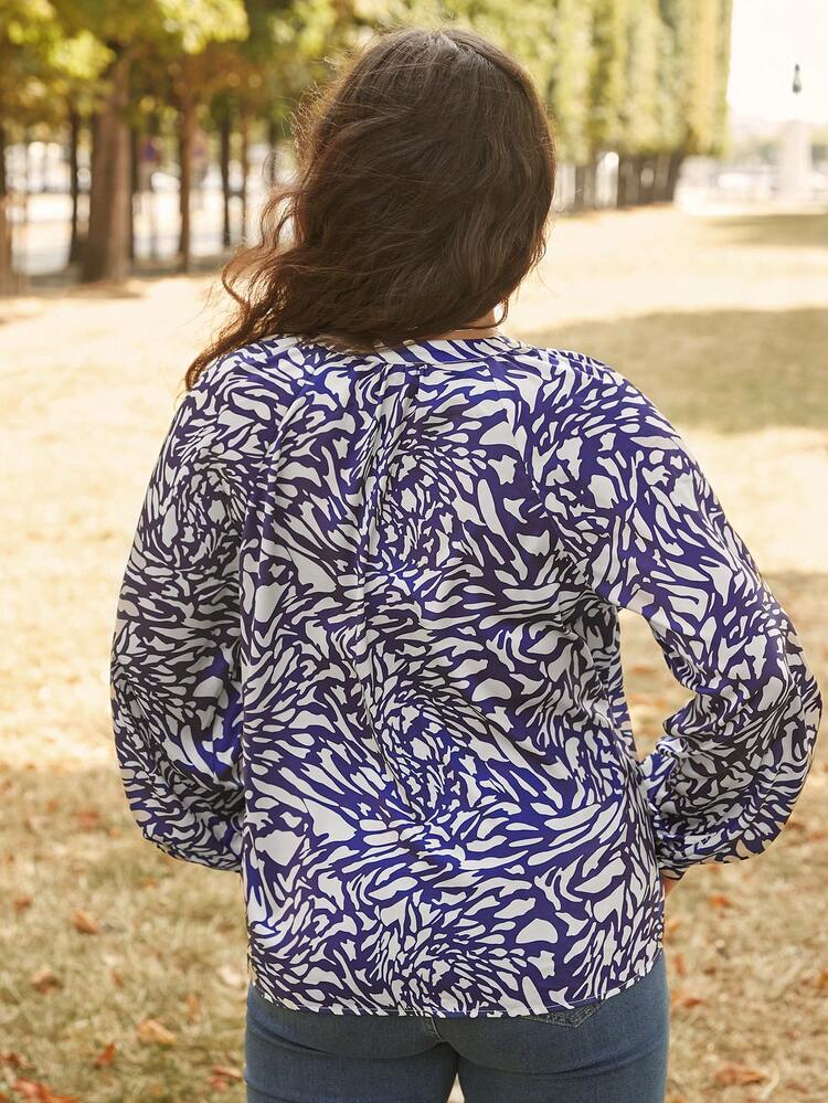 Plus Allover Print Notched Neckline Lantern Sleeve Blouse