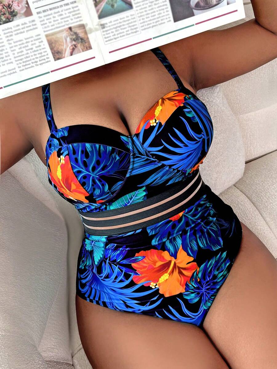 SHEIN Swim Curve Summer Beach Plus Tropical Print Mesh Insert One Piece Swimsuit - Blue - View 1