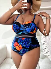 SHEIN Swim Curve Summer Beach Plus Tropical Print Mesh Insert One Piece Swimsuit - Blue - View 5