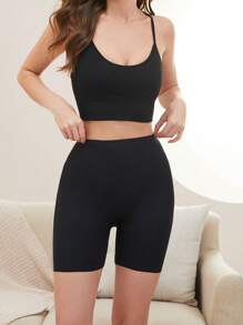 Women's Casual Comfy Black Knitted Fabric Plain Short Underwear - Black - View 5